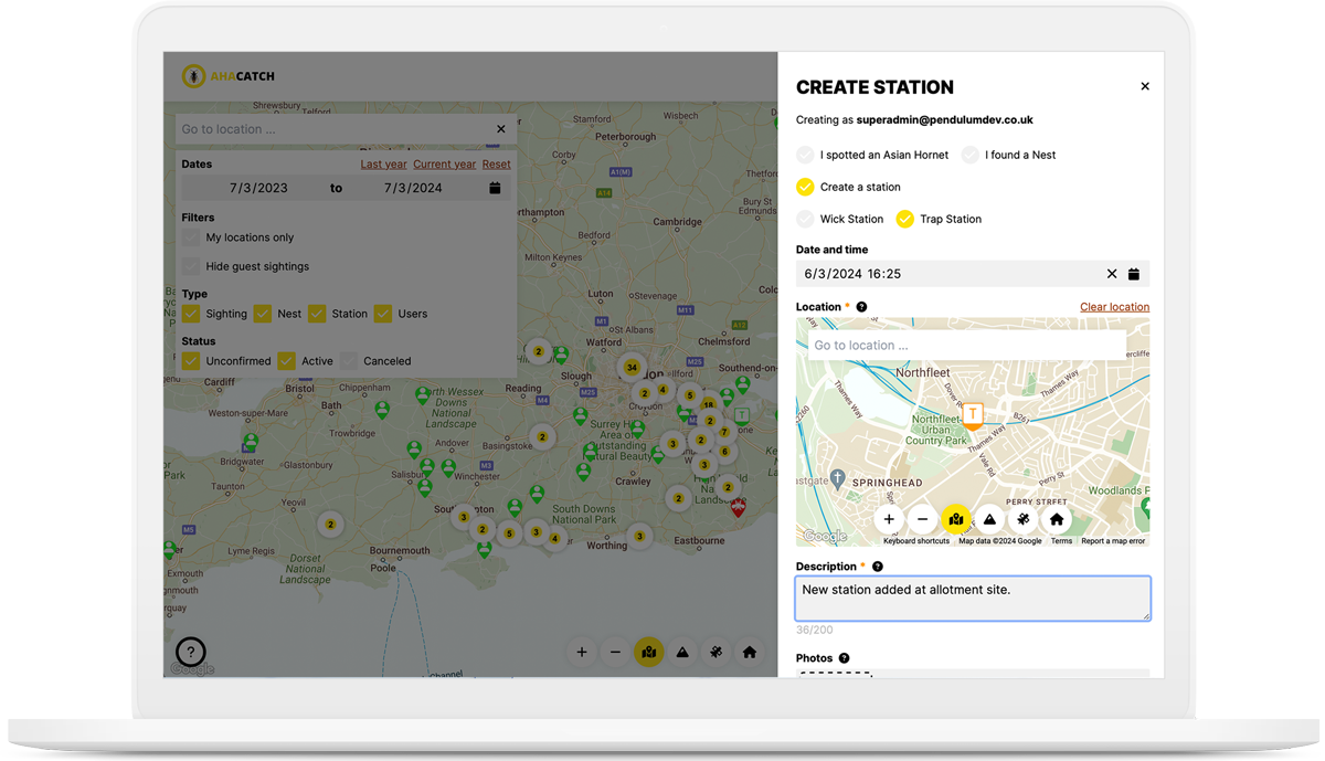 AHA Catch web app development - report sighting / nest / station