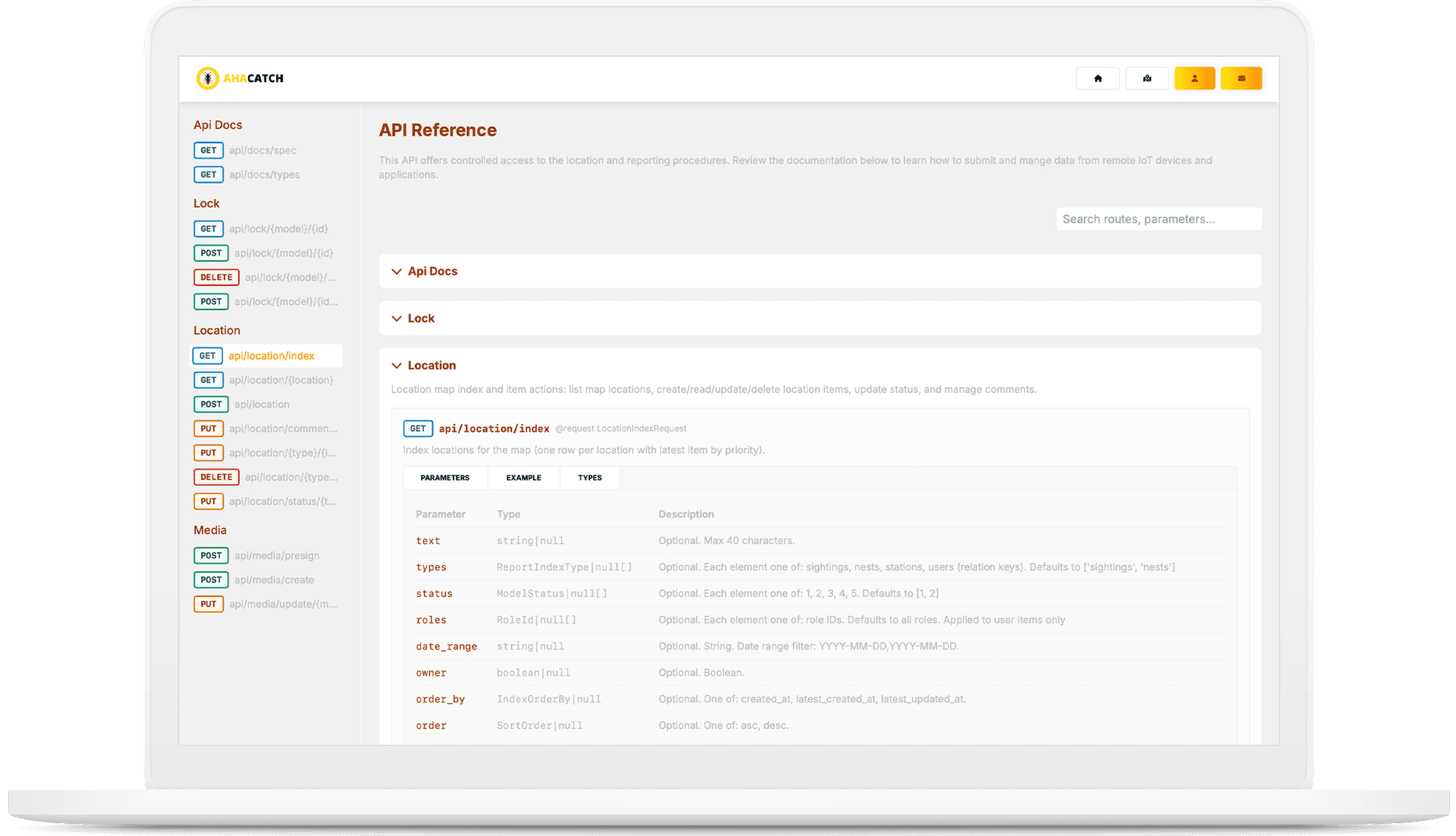 AHA Catch — API reference documentation for location and media endpoints