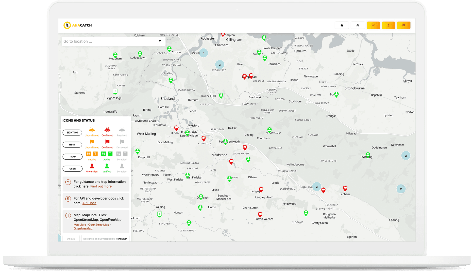 AHA Catch — interactive map with sighting, nest, trap, and user status markers