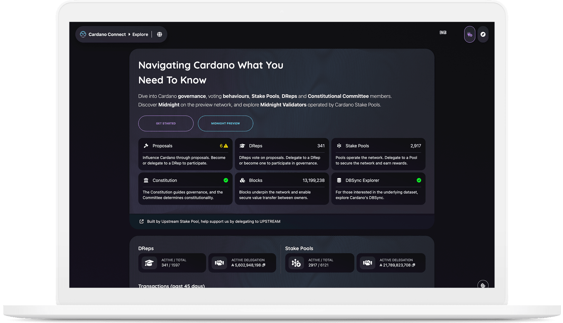 Cardano Connect — governance portal homepage with DReps, proposals, pools, and blocks