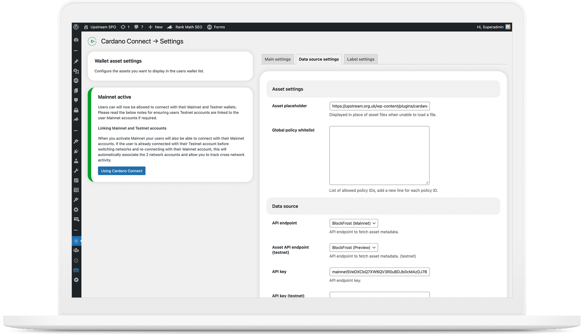 Cardano Connect WordPress plugin — wallet asset settings and Blockfrost API configuration