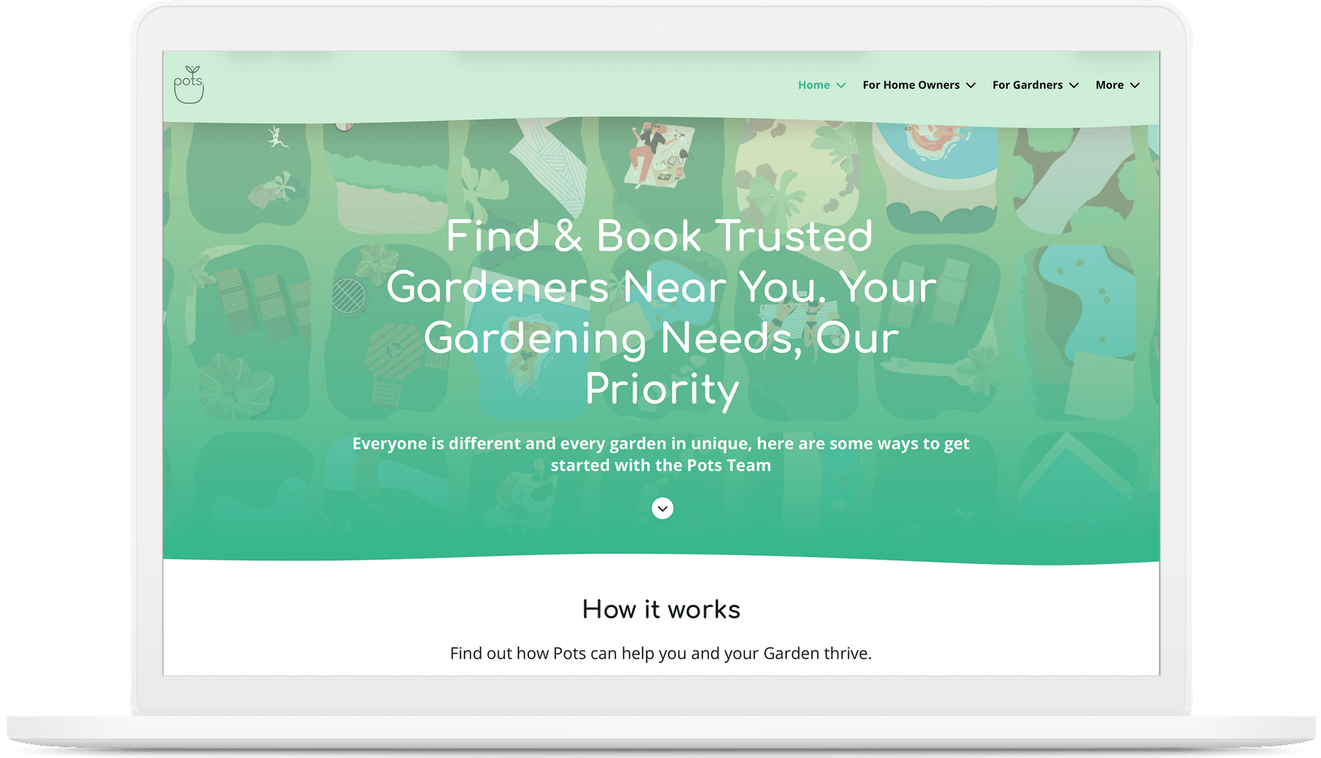 Pots homepage — find and book trusted gardeners near you with illustrated garden scene