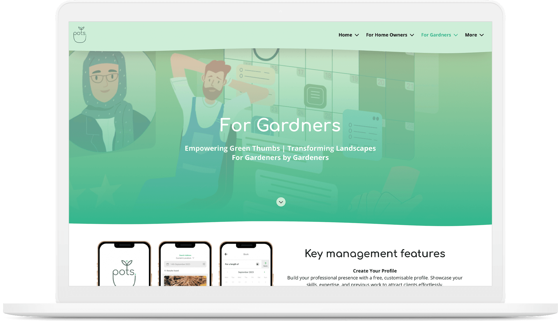 Pots for Gardeners — professional profile management, key features, and mobile app previews
